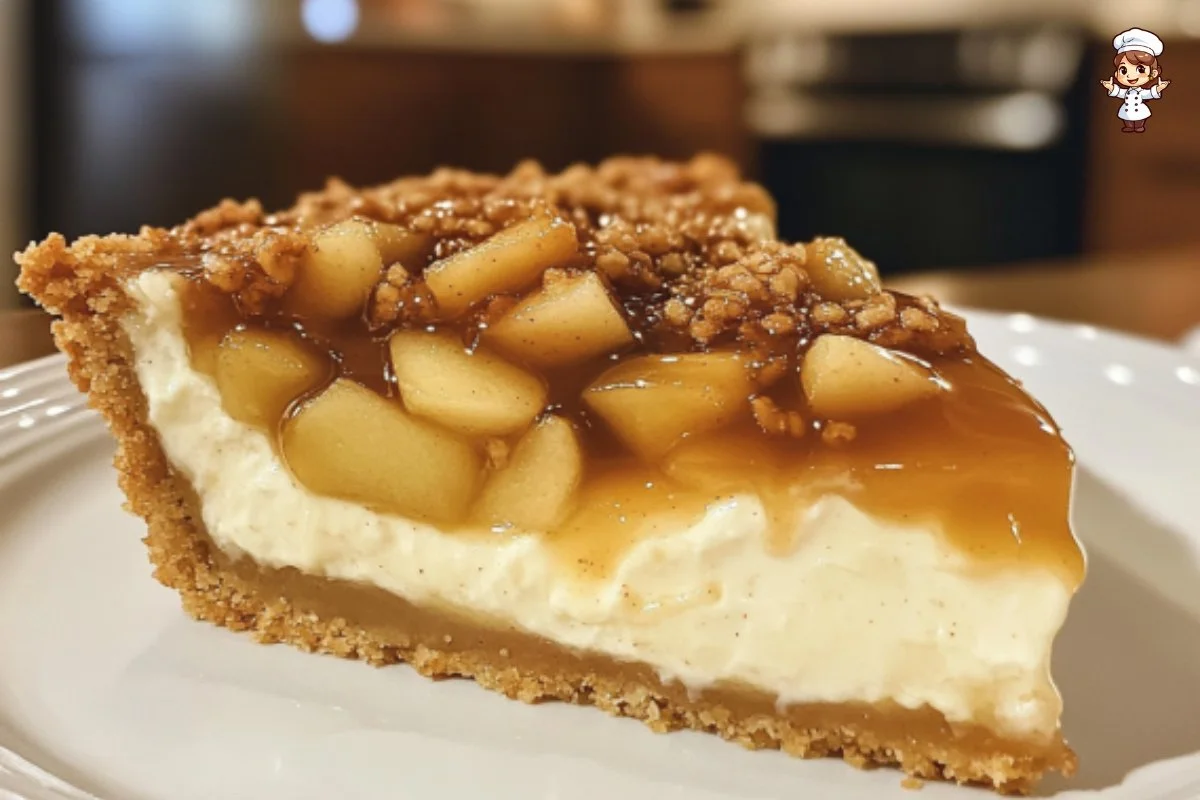 Caramel apple cheesecake pie topped with caramel drizzle and apple slices.
