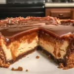 Delicious caramel cheesecake topped with drizzled caramel sauce