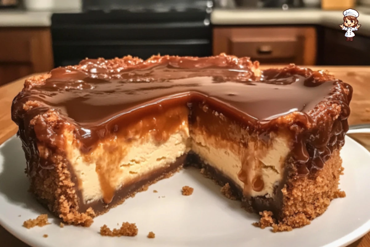 Delicious caramel cheesecake topped with drizzled caramel sauce