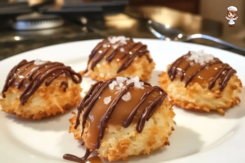 Delicious caramel coconut macaroon thumbprints on a baking tray