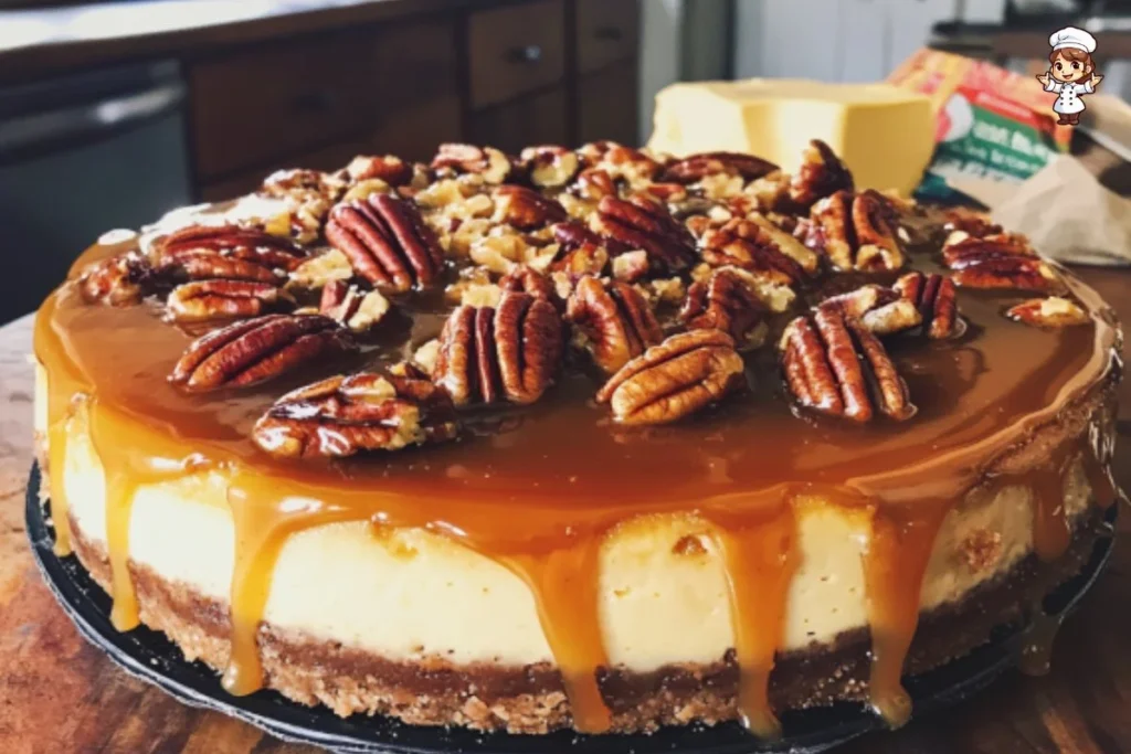 Delicious caramel pecan cheesecake topped with caramel sauce and pecans