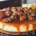 Delicious caramel pecan cheesecake topped with caramel sauce and pecans
