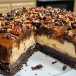 Delicious caramel turtle cheesecake topped with caramel and pecans.