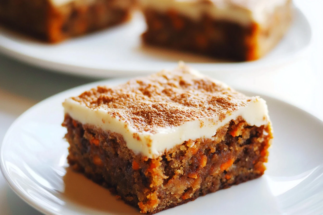 Delicious homemade carrot cake bars topped with cream cheese frosting.