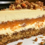 Delicious slice of carrot cake cheesecake topped with cream and nuts
