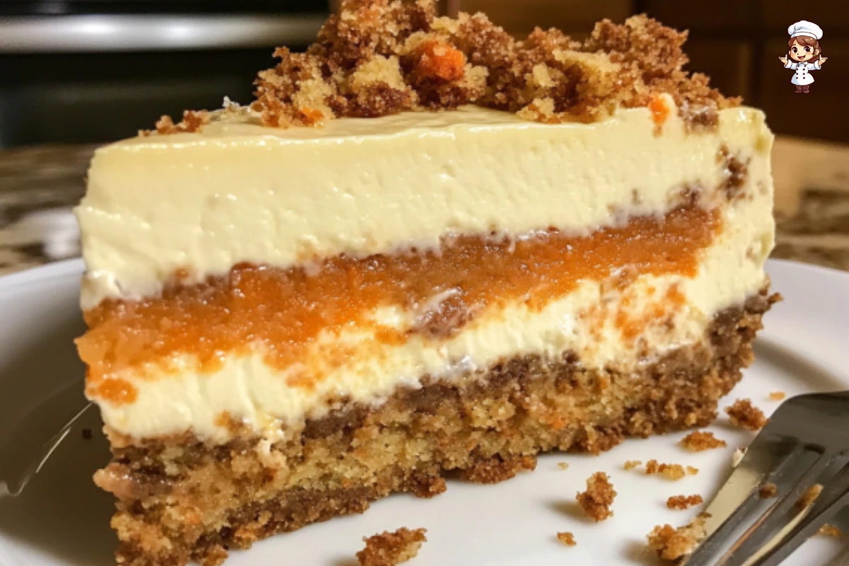 Delicious slice of carrot cake cheesecake topped with cream and nuts