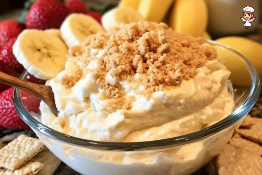 Delicious cheesecake dip served with fresh fruit and crackers