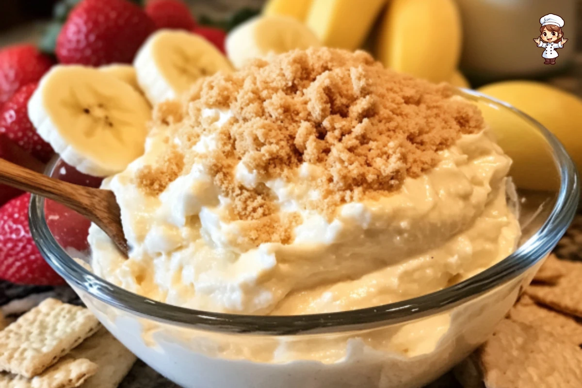 Delicious cheesecake dip served with fresh fruit and crackers