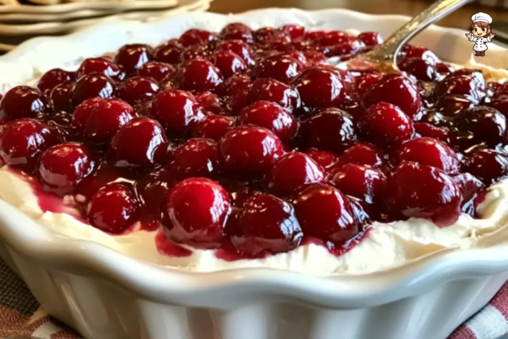 Cherry Cheesecake Dip served in a bowl with fresh cherries on top.