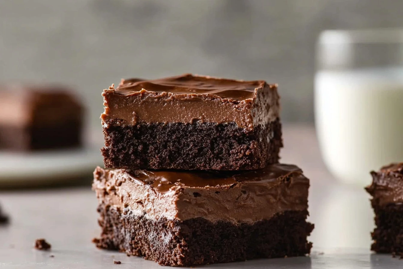 Chewy fudgy frosted brownies with rich chocolate glaze on a white plate