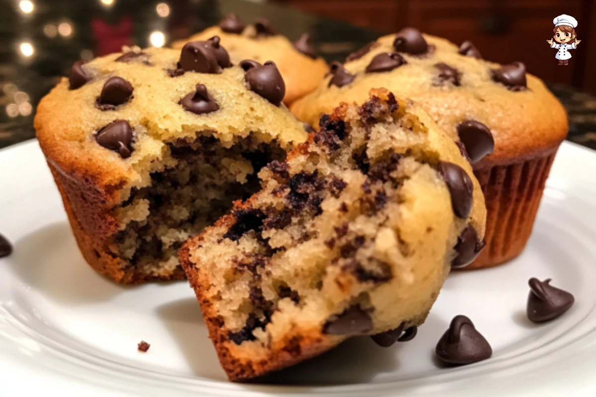 Chocolate chip Christmas muffins newly baked and topped with festive decorations