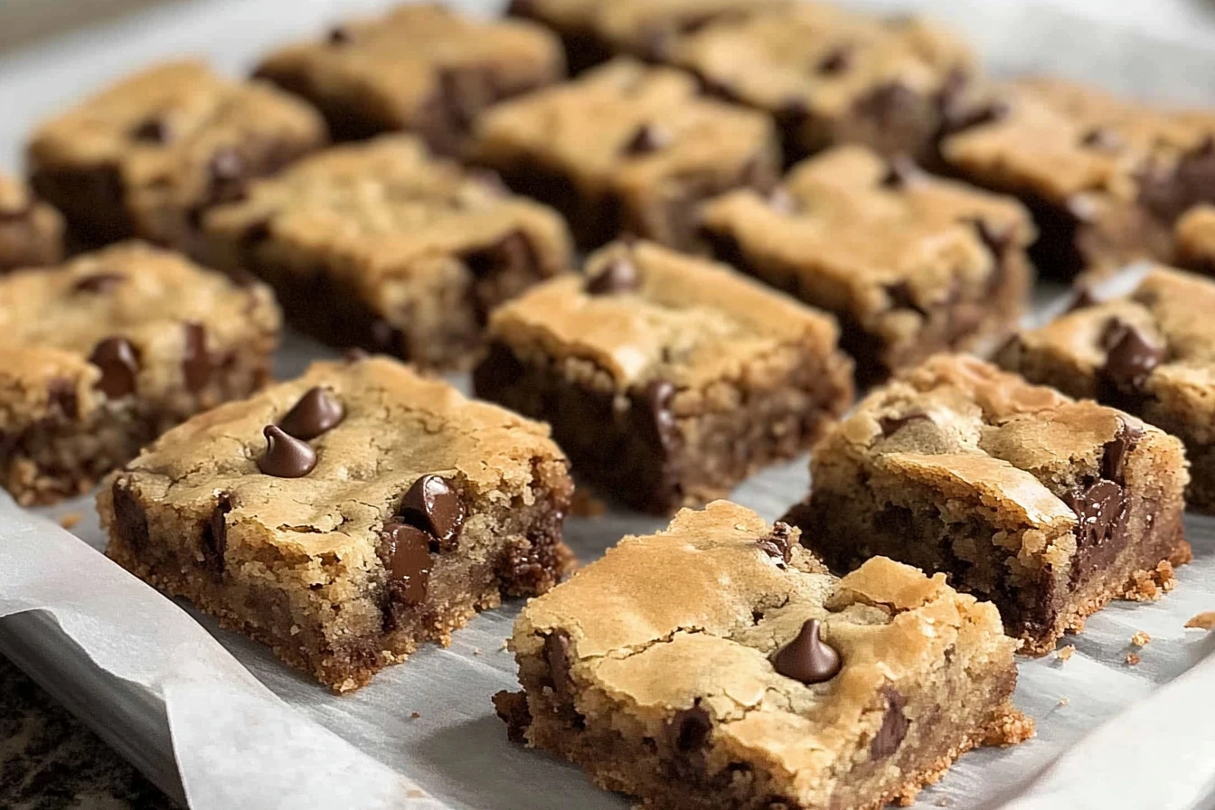 Delicious chocolate chip cookie bars on a wooden table