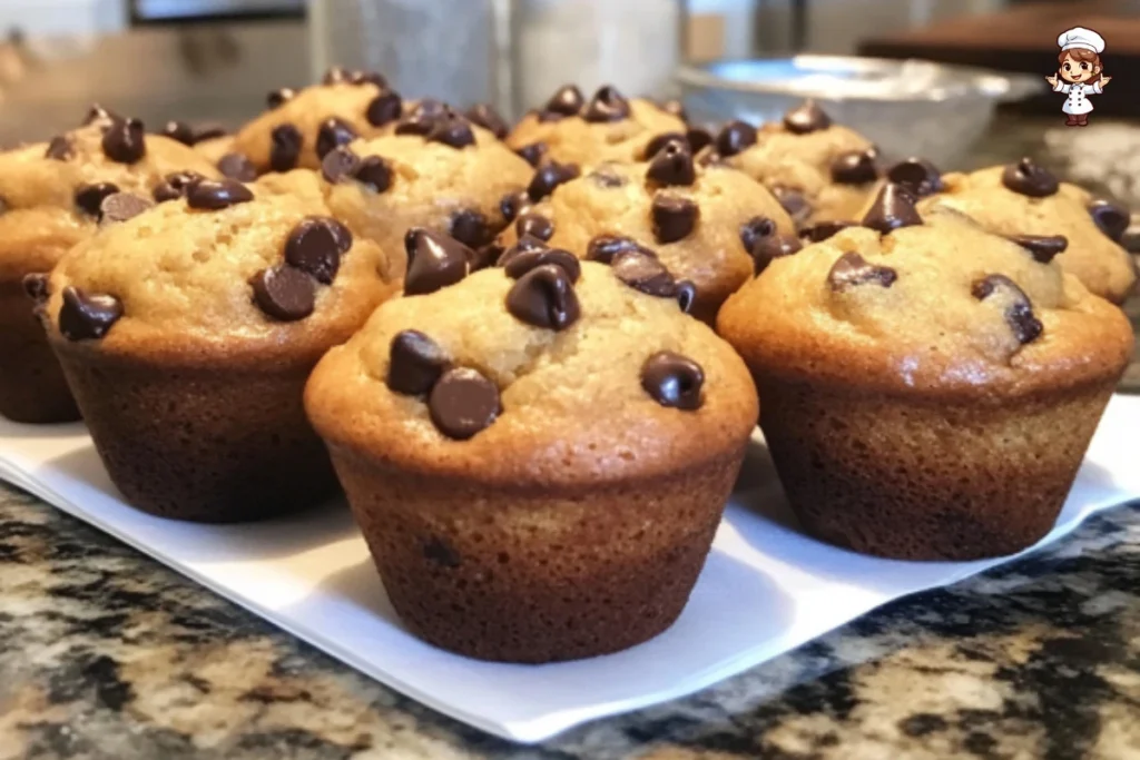 Freshly baked chocolate chip muffins with gooey chocolate bits