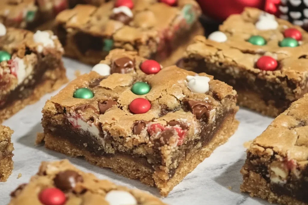 Delicious homemade Christmas cookie bars with colorful sprinkles and chocolate chips
