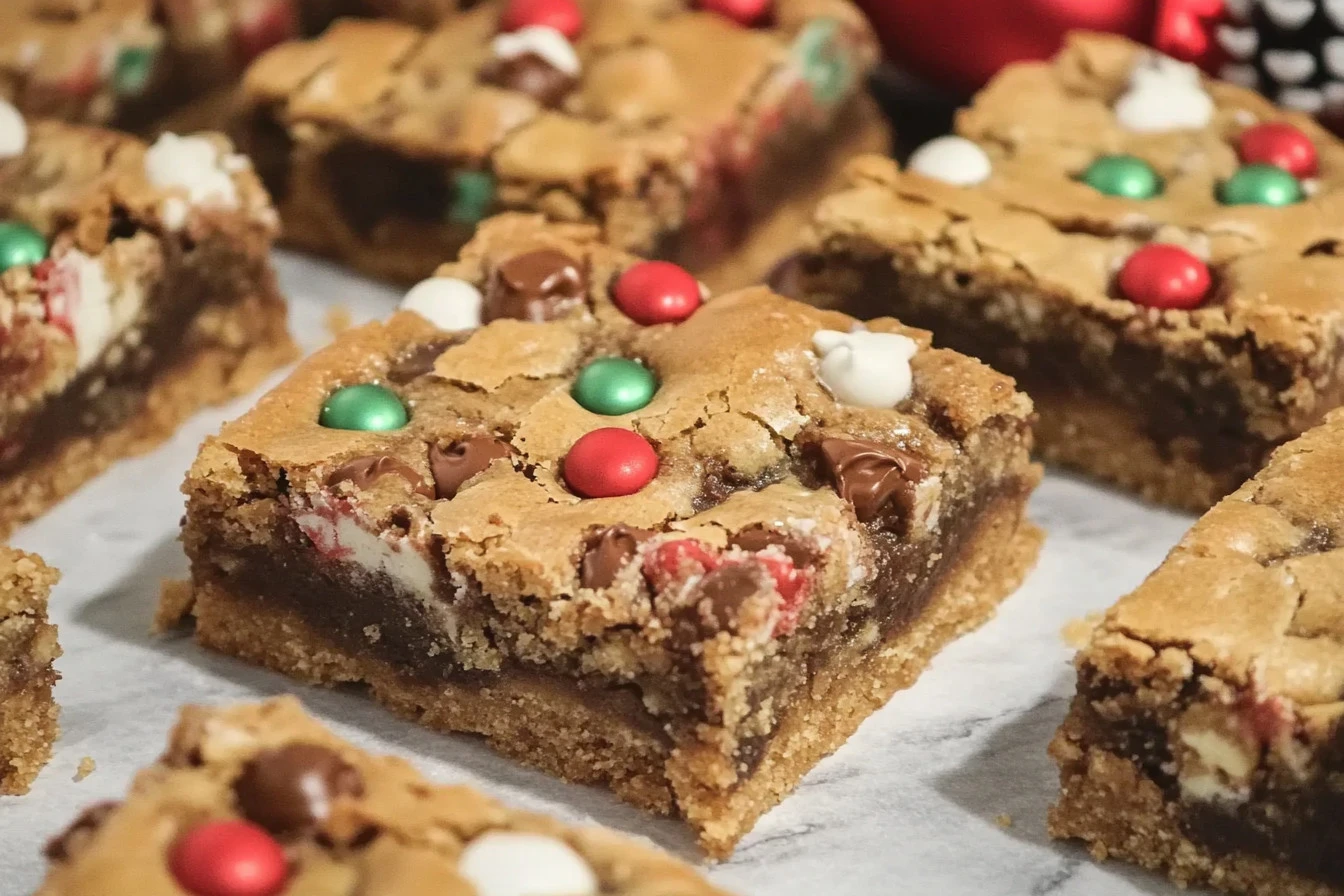 Delicious homemade Christmas cookie bars with colorful sprinkles and chocolate chips