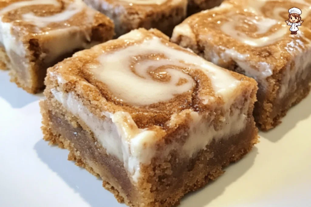 Delicious cinnamon roll blondies drizzled with icing on a rustic plate