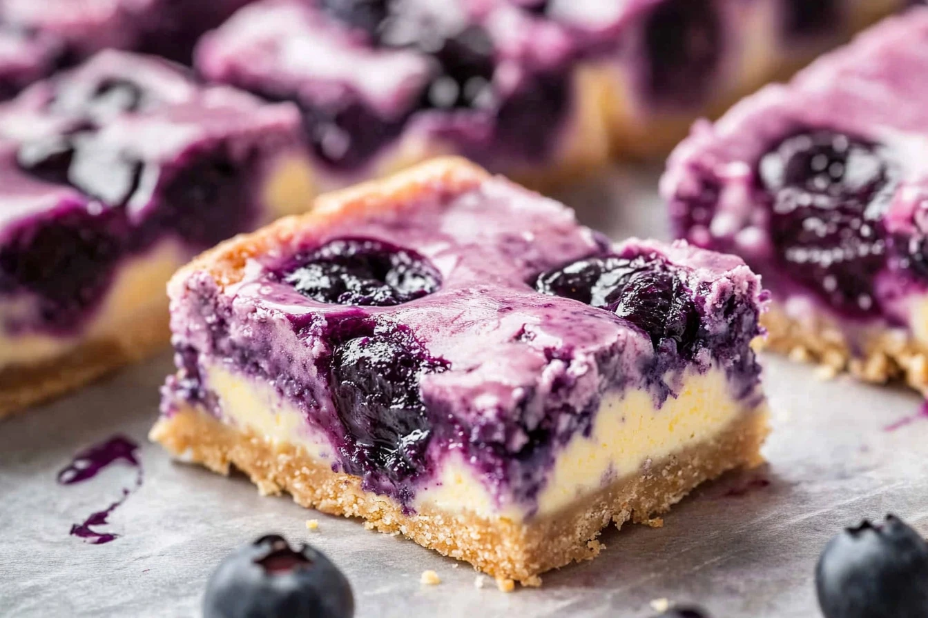 Delicious classic blueberry cheesecake bars with creamy filling and blueberry topping