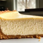 Delicious classic New York cheesecake with a smooth, creamy texture on a graham cracker crust.