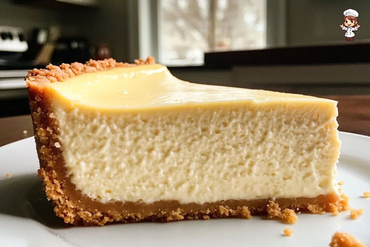 Delicious classic New York cheesecake with a smooth, creamy texture on a graham cracker crust.