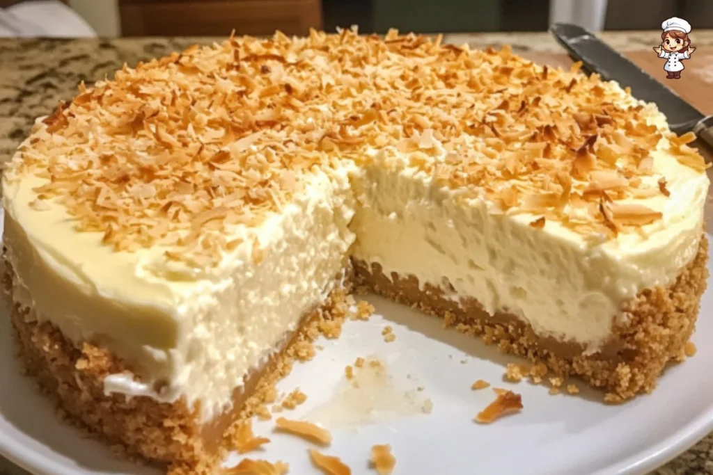 Delicious coconut cheesecake topped with coconut flakes and fresh fruit