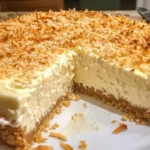 Delicious coconut cheesecake topped with coconut flakes and fresh fruit