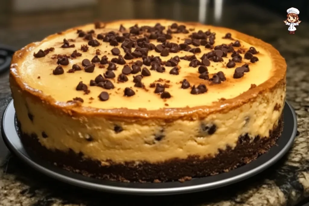Delicious cookie dough cheesecake topped with cookie dough pieces