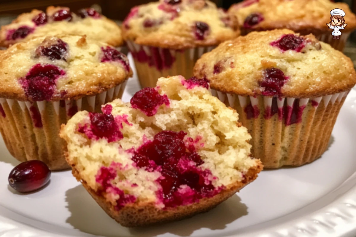 Freshly baked Cranberry Orange Muffins on a wooden table