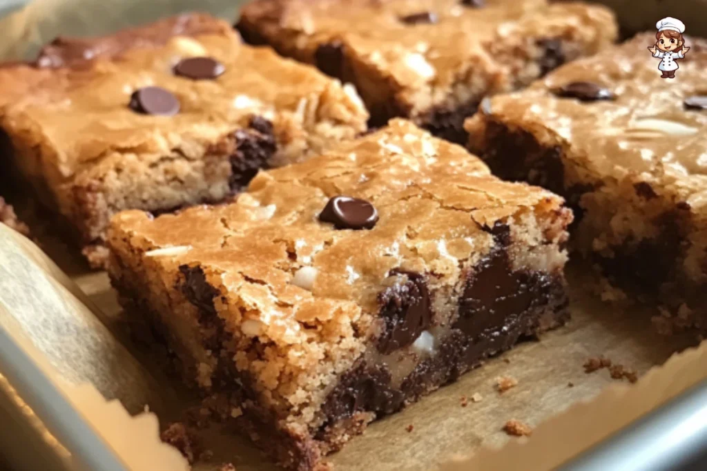 Dark chocolate coconut blondies fresh out of the oven on a wooden table
