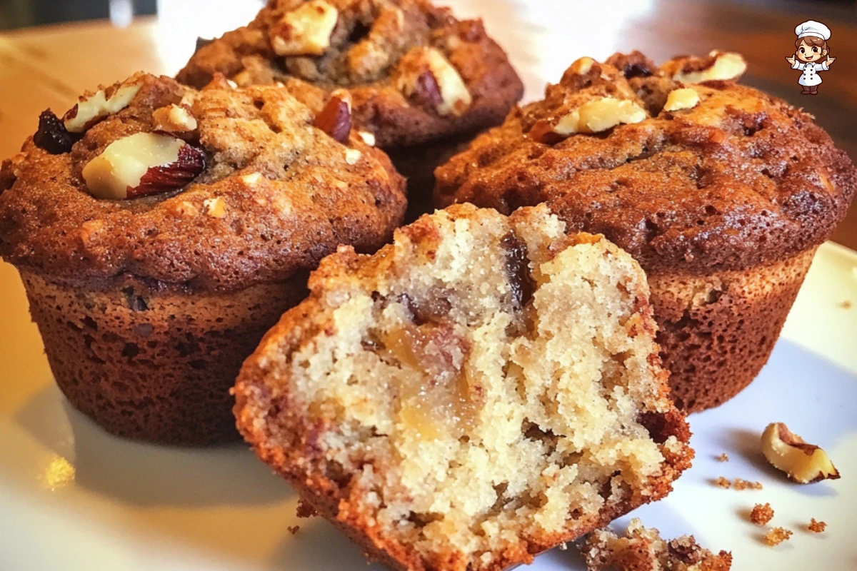 Freshly baked walnut banana muffins with dates.