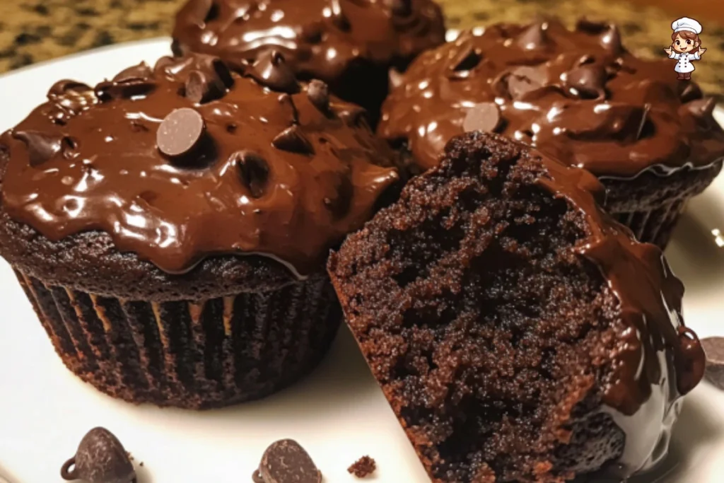 Delicious double chocolate muffins topped with chocolate chips