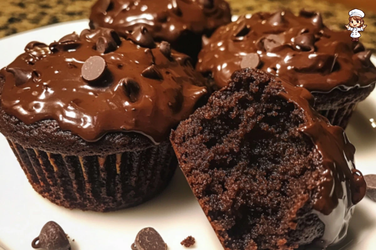 Delicious double chocolate muffins topped with chocolate chips