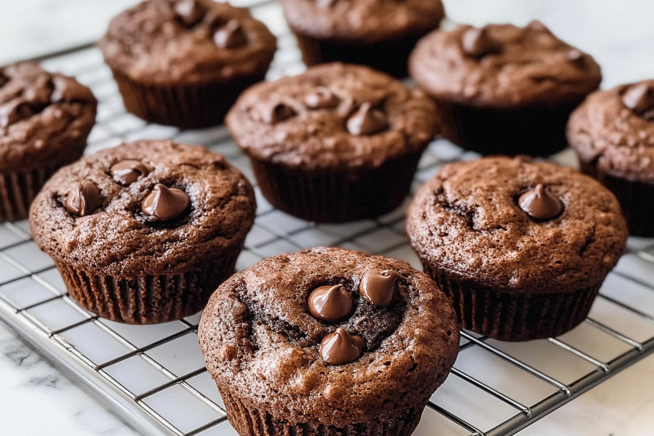 Delicious double chocolate sourdough muffins fresh out of the oven
