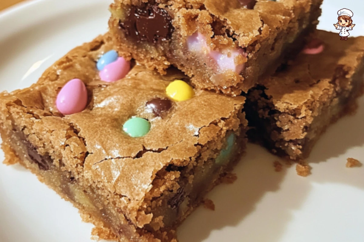 Easter Blondies with pastel-colored sprinkles and chocolate chunks on a white plate