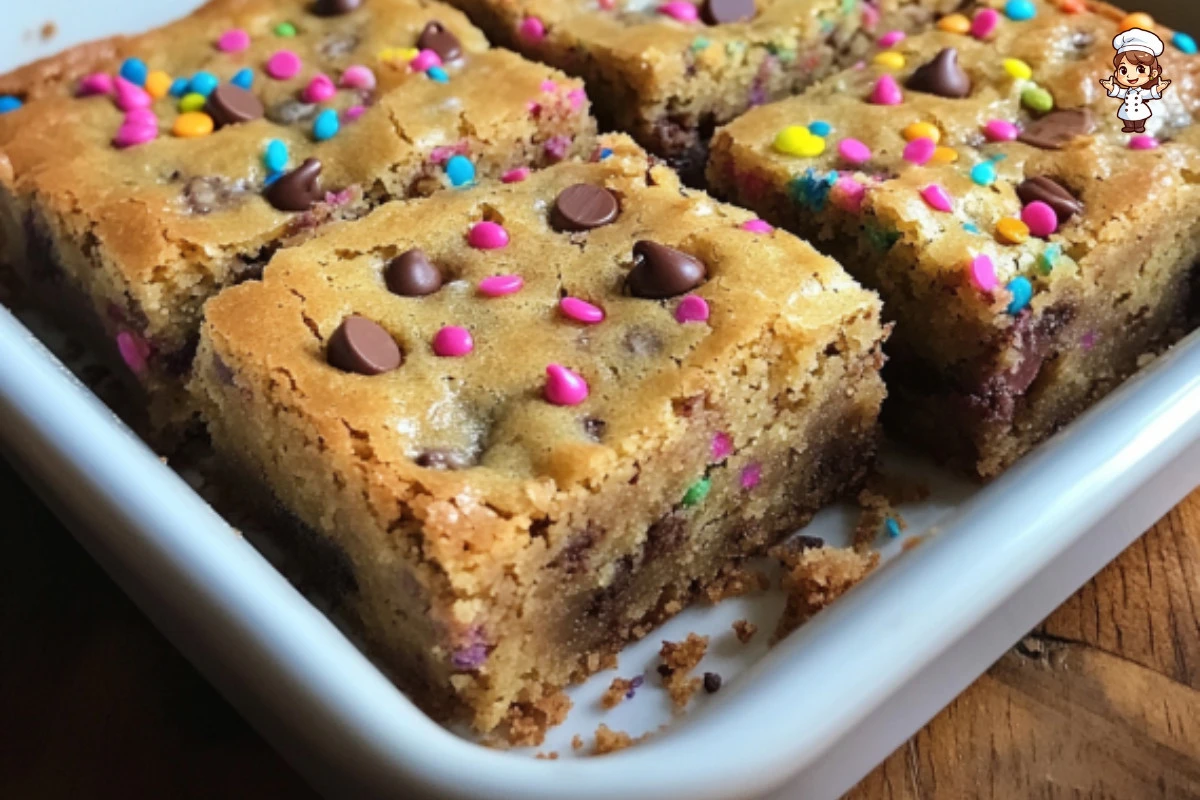 Delicious easy cake batter blondies topped with colorful sprinkles