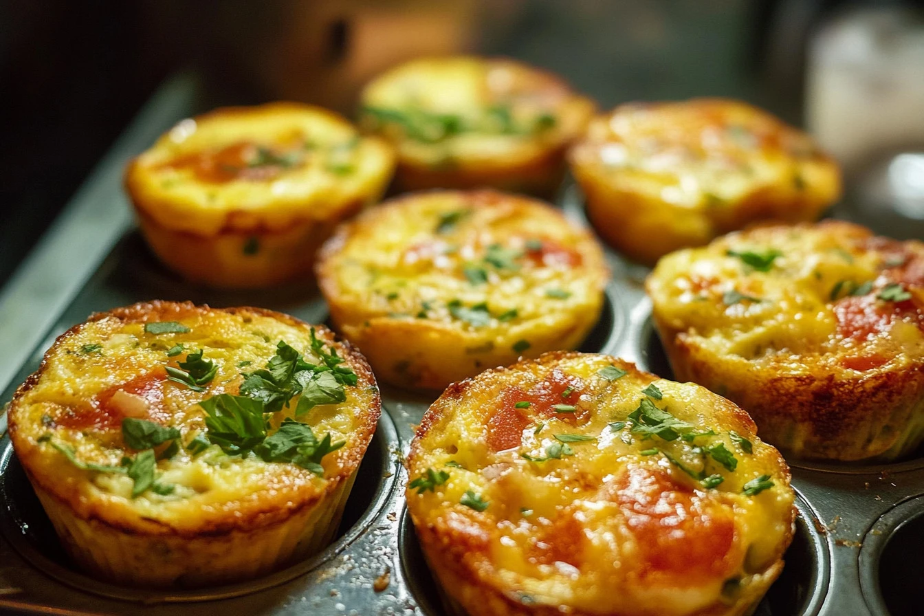 Homemade egg muffins with vegetables and cheese in a muffin tin