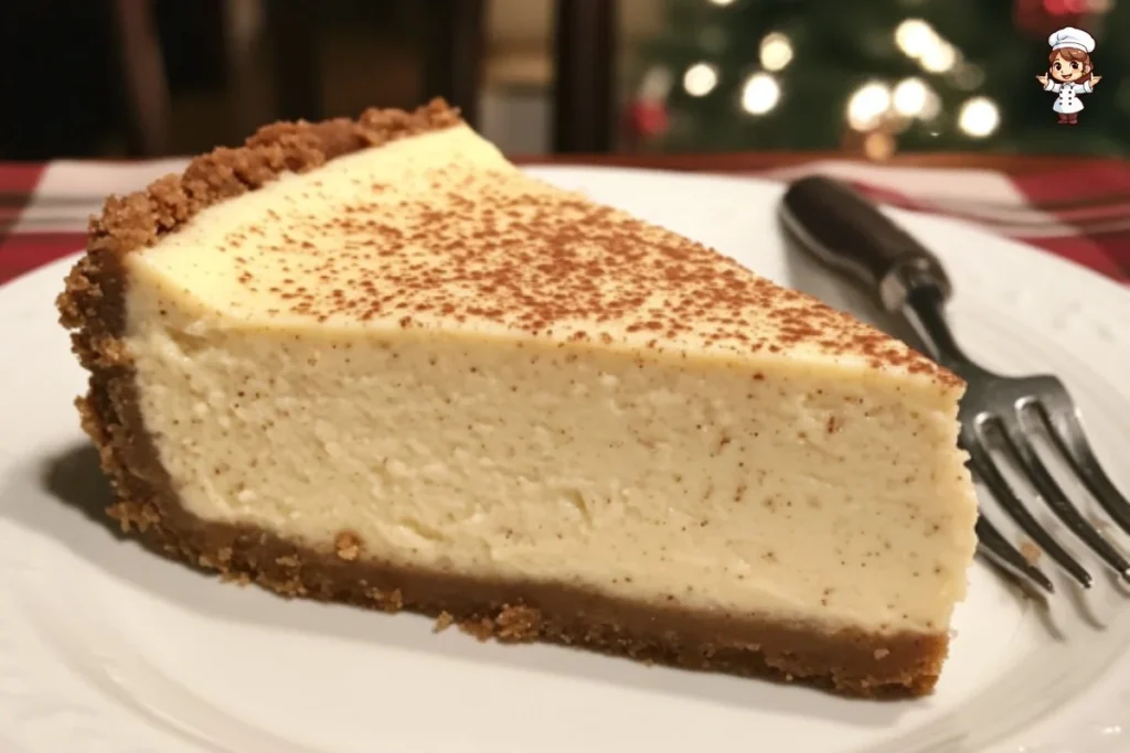Slice of creamy eggnog cheesecake topped with whipped cream and nutmeg