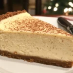 Slice of creamy eggnog cheesecake topped with whipped cream and nutmeg