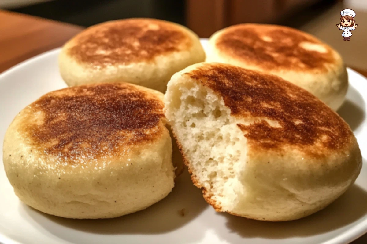 Freshly baked English muffins stacked on a wooden table.