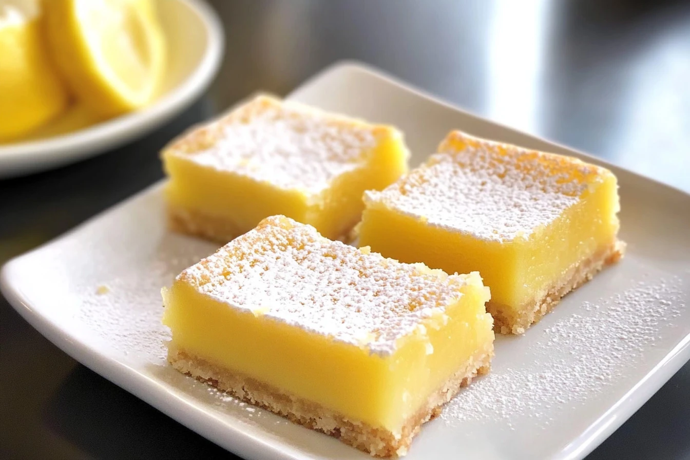 Delicious gluten free lemon bars topped with powdered sugar on a plate