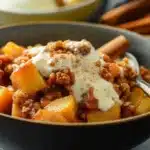 Healthy apple crumble dessert topped with oats and nuts served in a bowl
