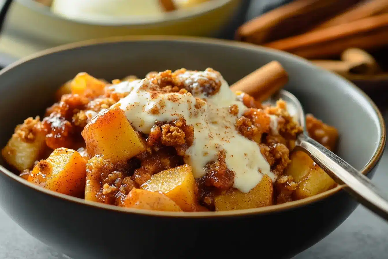 Healthy apple crumble dessert topped with oats and nuts served in a bowl