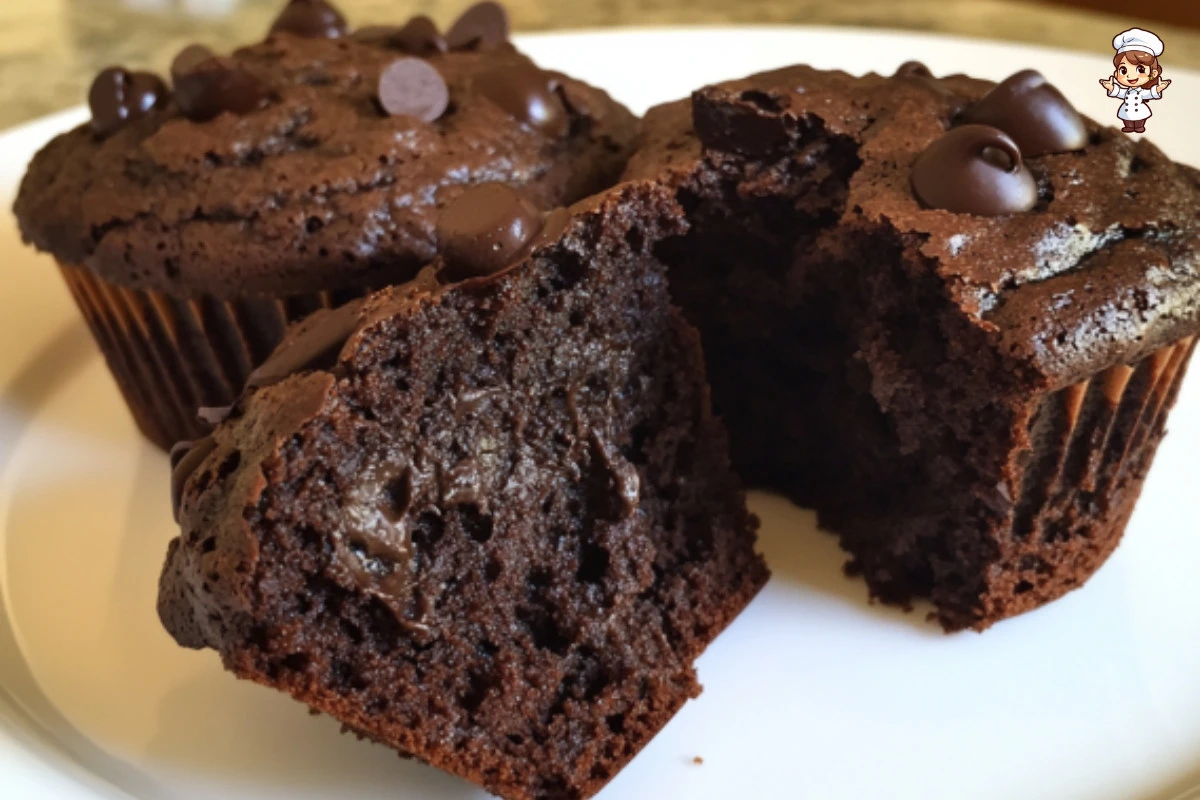Delicious, healthy chocolate muffins topped with chocolate chips.