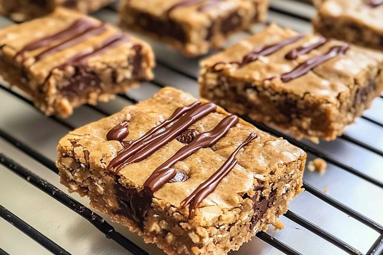 Delicious healthy peanut butter chunk oatmeal bars stacked on a plate.