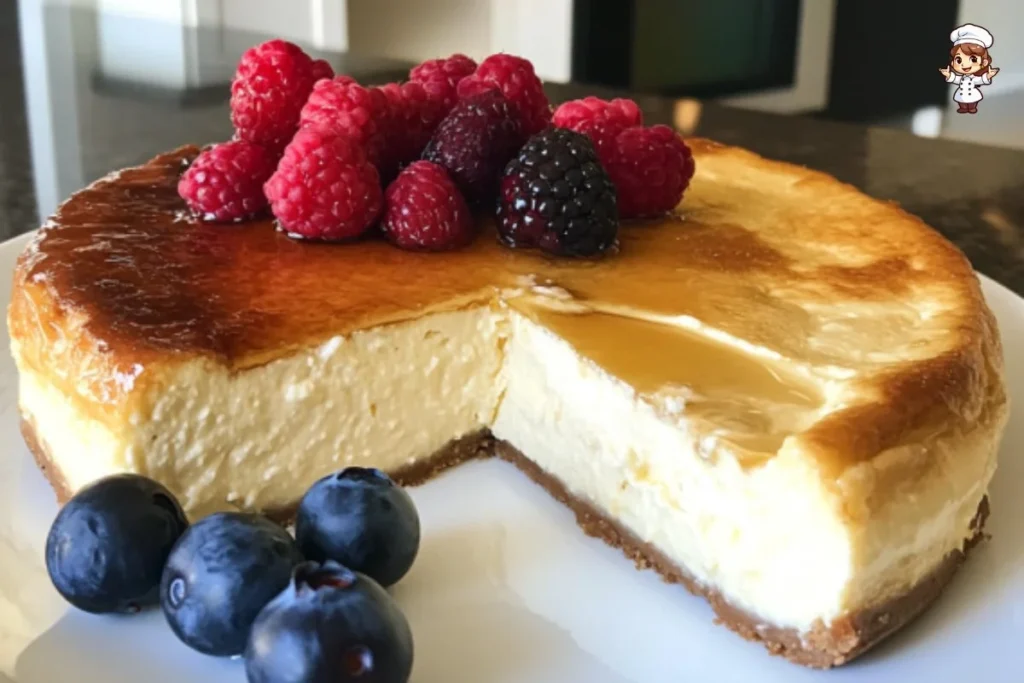 High protein cottage cheese cheesecake topped with fresh berries