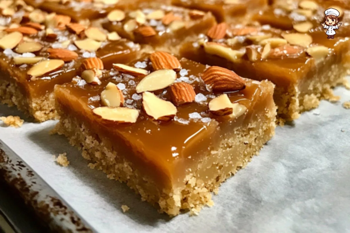 Delicious honey caramel almond shortbread bars displayed on a plate.