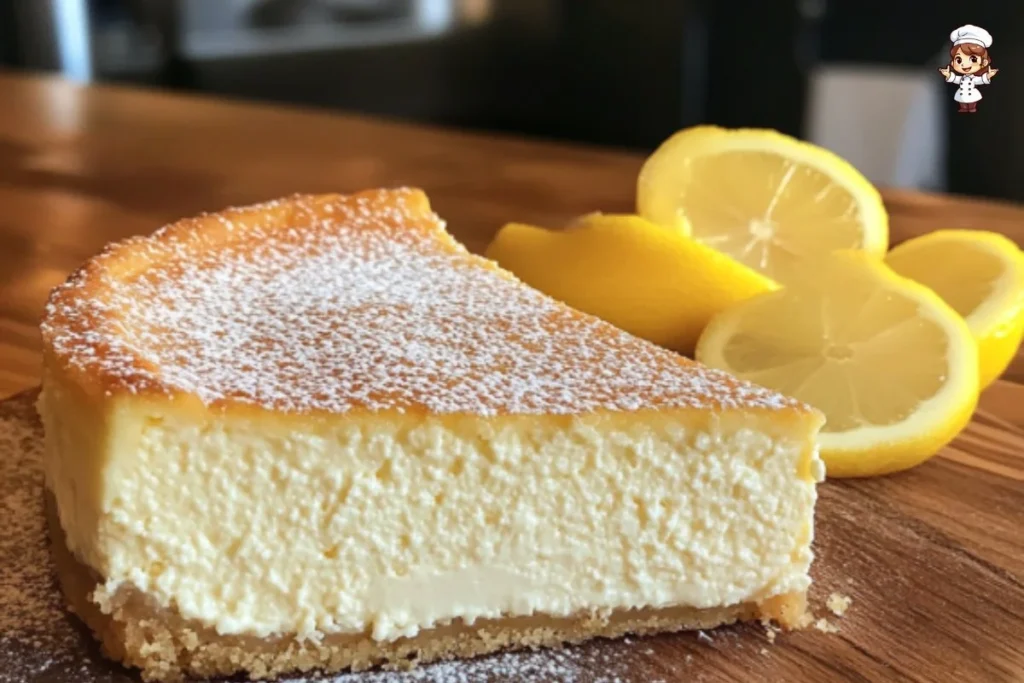 Slice of Italian Lemon Ricotta Cheesecake topped with fresh lemon zest