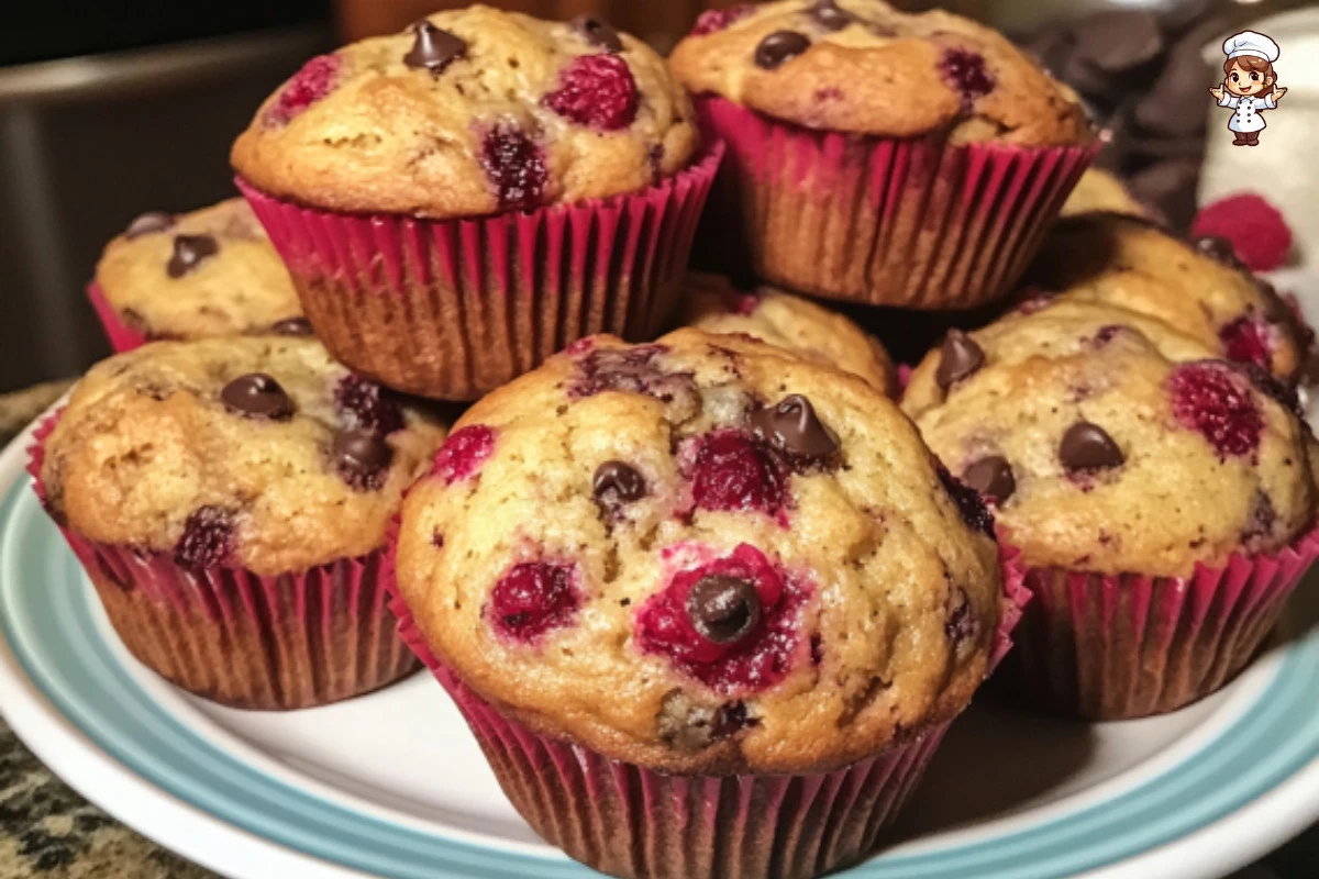 Jumbo raspberry chocolate chip muffins with fresh berries and chocolate chips.