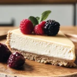 Delicious sliced Keto Cheesecake on a plate topped with berries