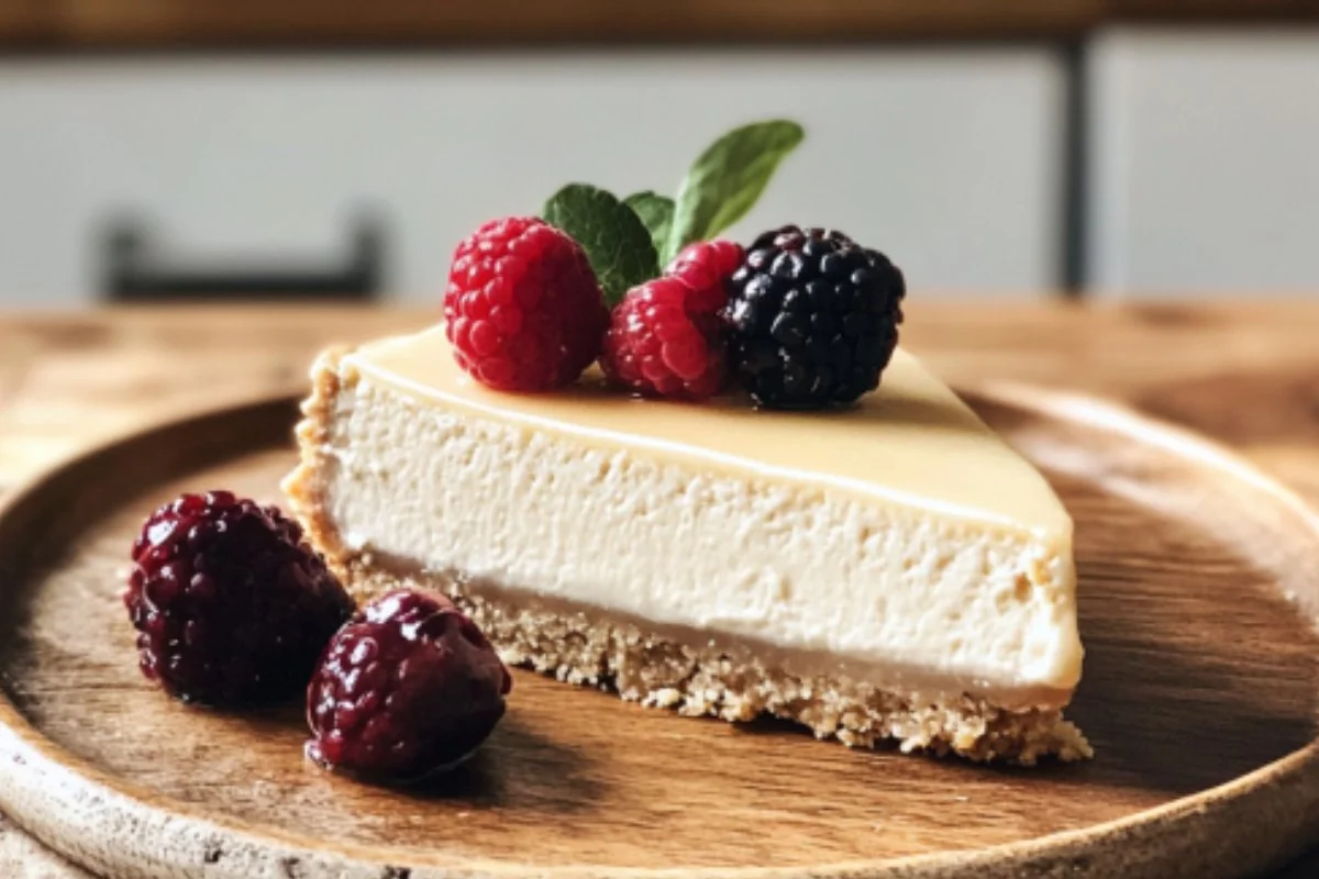 Delicious sliced Keto Cheesecake on a plate topped with berries