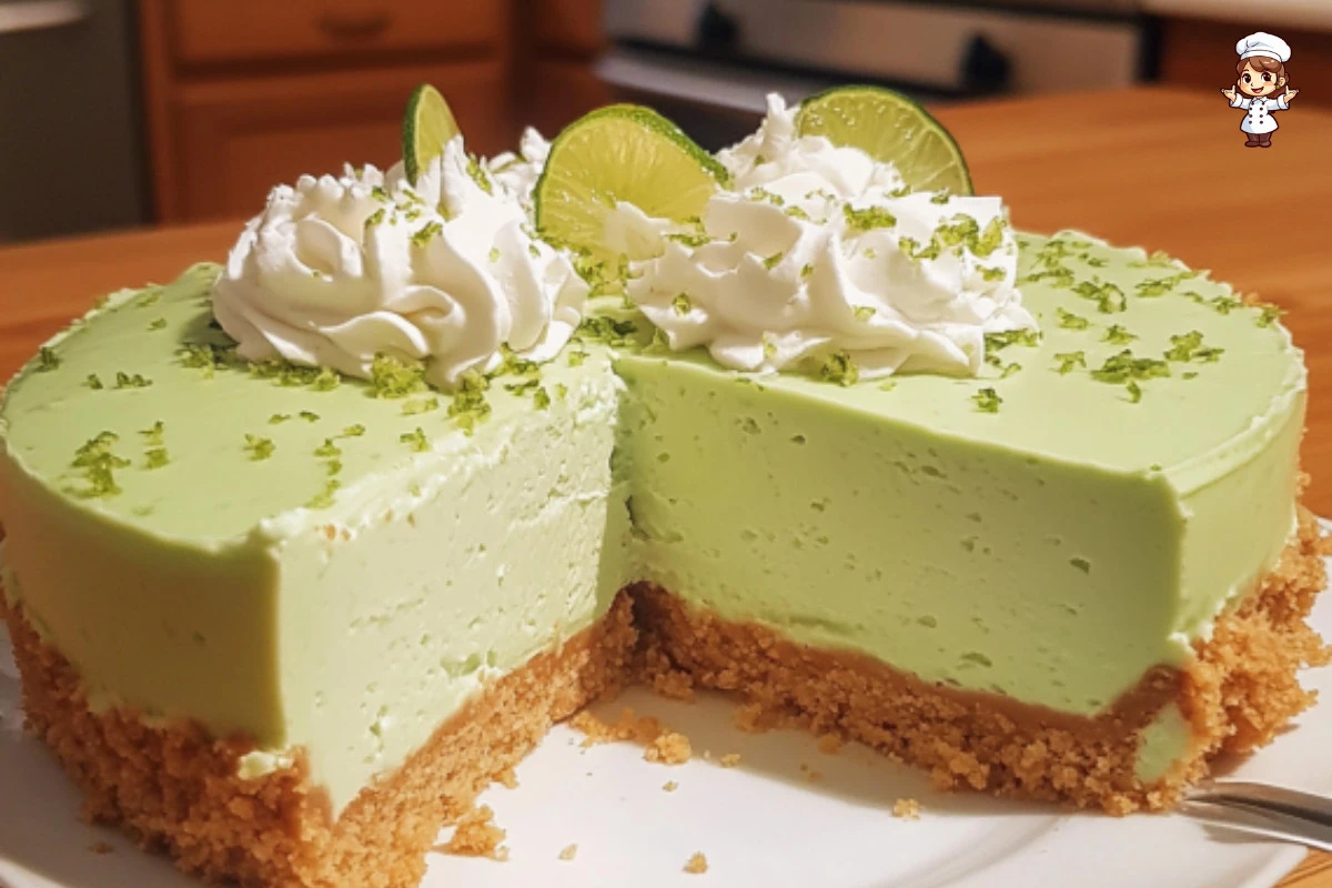 Delicious Key Lime Cheesecake topped with whipped cream and lime zest.